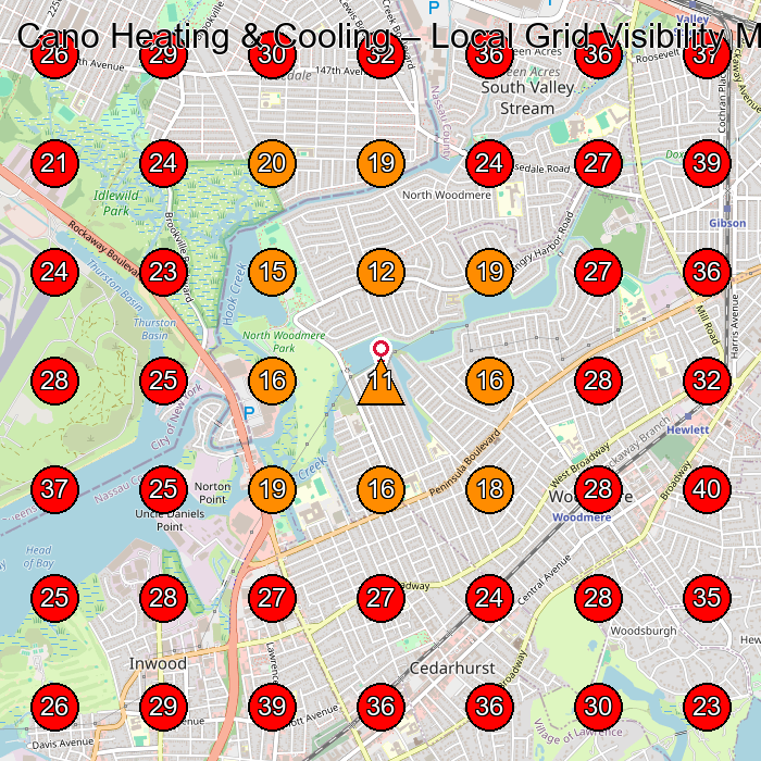 Cano Heating & Cooling GeoGrid visibility map for Hvac Contractor in Hewlett